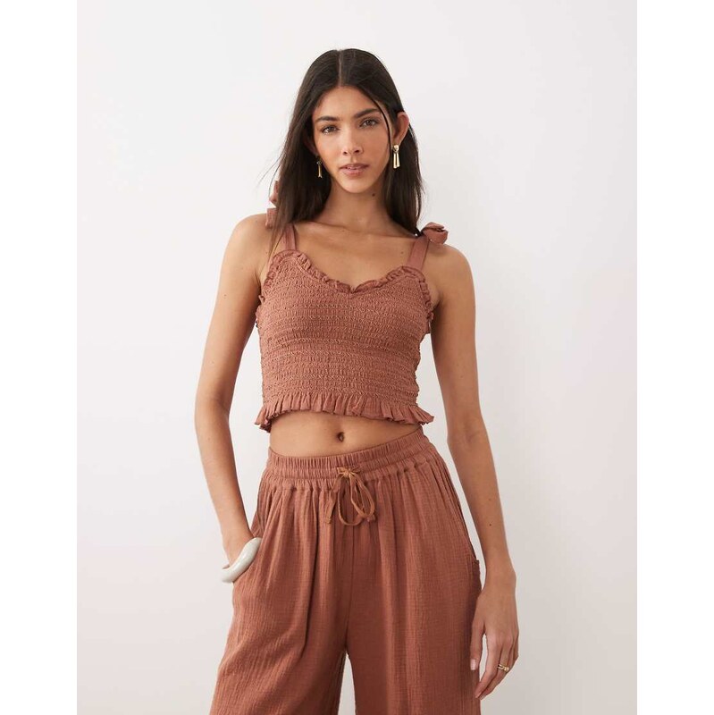 Iisla & Bird tie detail crop top in mocha brown
