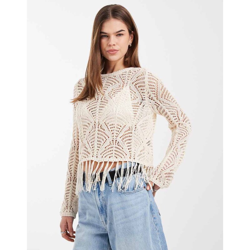 ONLY boho fringes detail crochet top in beige-Neutral