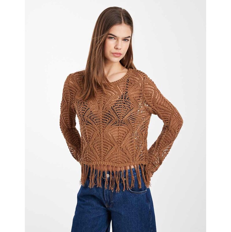 ONLY boho fringe detail crochet top in brown