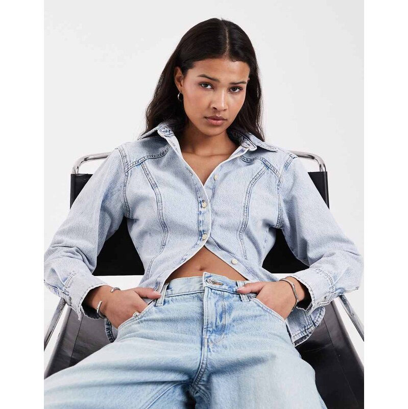 JJXX long sleeve denim fitted top in light blue