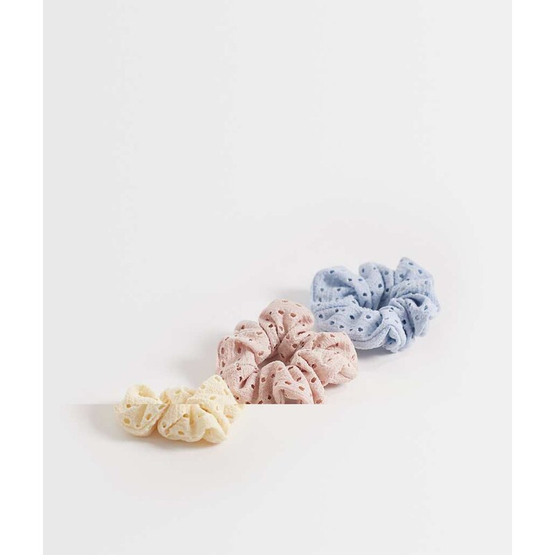 ONLY 3-pack broderie scrunchies in light blue, pink & yellow