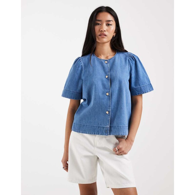 ONLY puff sleeve denim shirt in mid blue