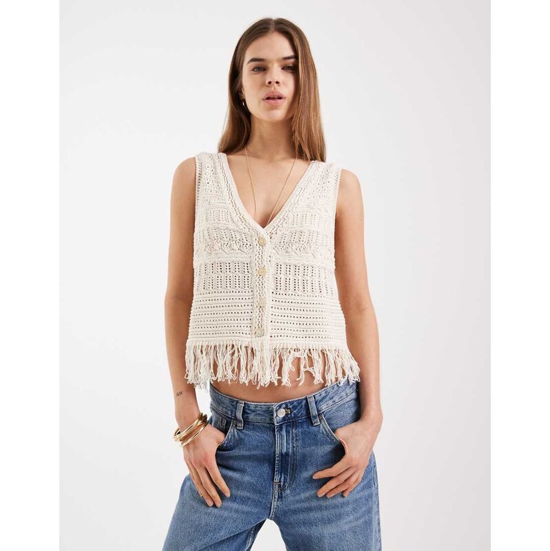 ONLY crochet knit waistcoat with fringe in cream-White