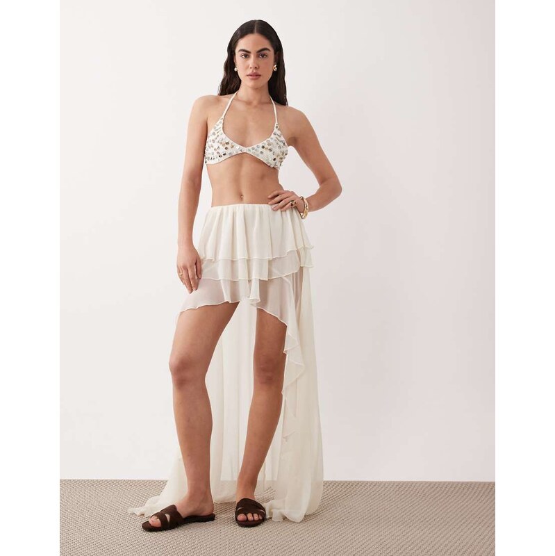 Miss Selfridge beach chiffon frill high low maxi skirt in cream