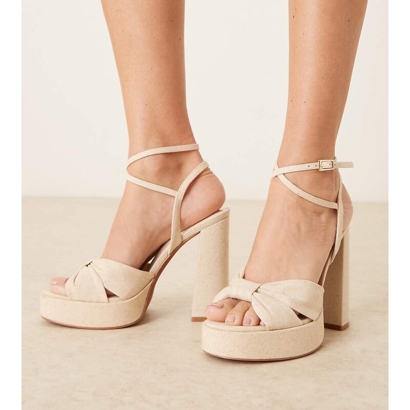 ASOS DESIGN Wide Fit Nutcracker knot detail platform block heel sandals in natural linen-Neutral