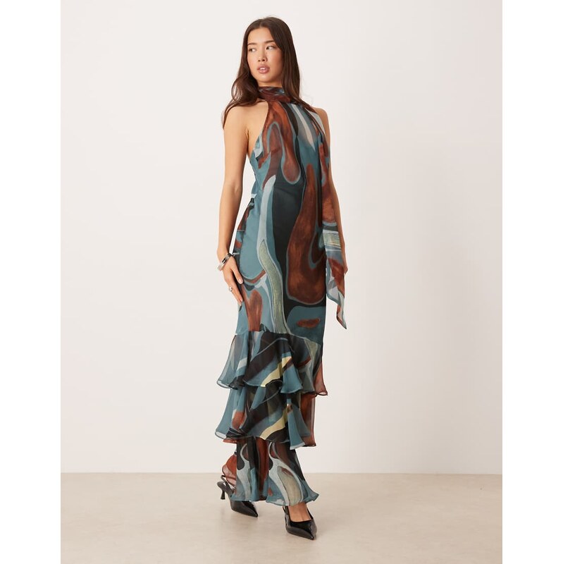 ASOS DESIGN chiffon halter neck maxi dress with scarf detail in