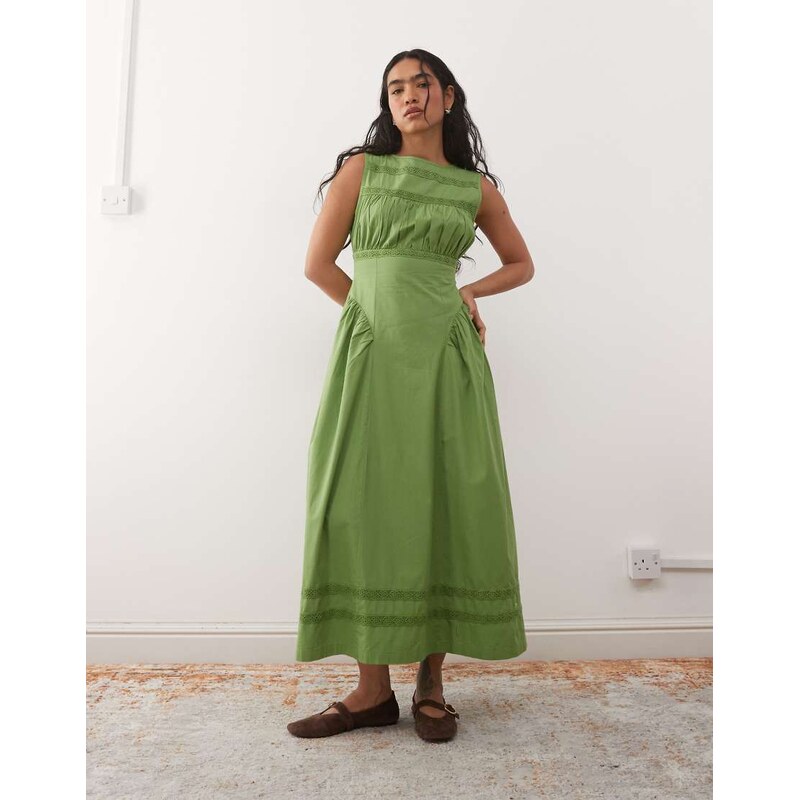 Reclaimed Vintage midi sun dress with drop waist and lace trims in 114263557