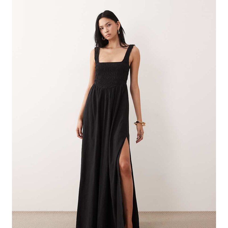 ASOS Tall ASOS DESIGN Tall Selina beach shirred maxi dress in black 114281477