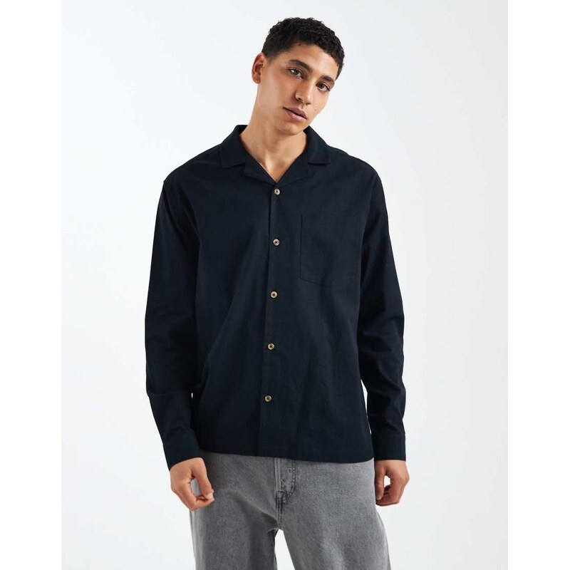 ASOS DESIGN co-ord relaxed revere shirt with linen in black