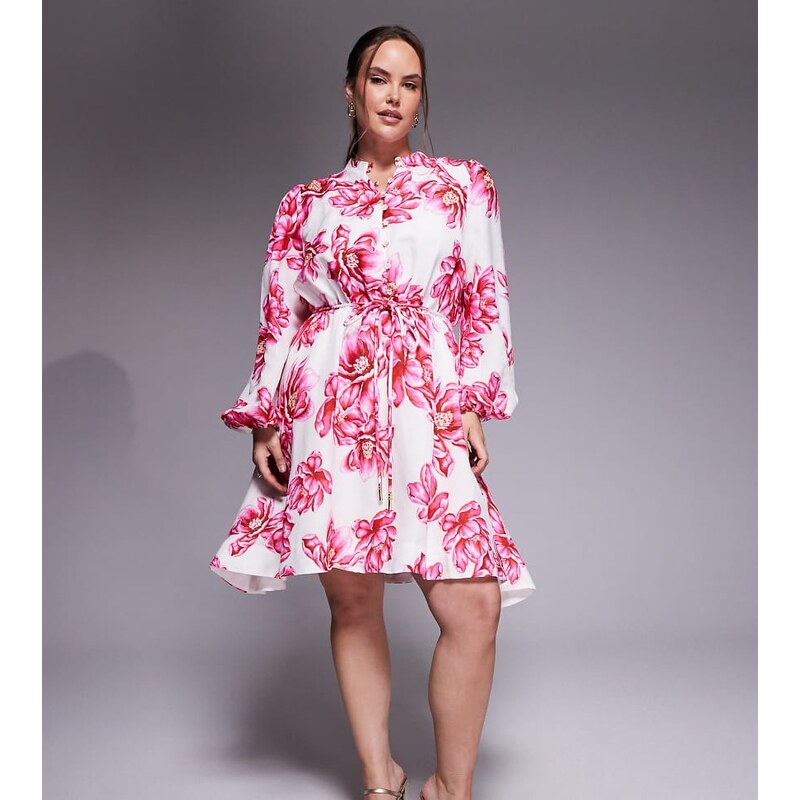Forever New Curve button down tie detail skater mini dress in pink 114263576