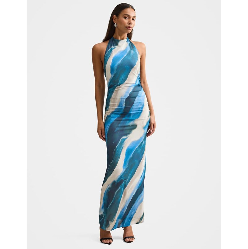 Forever New halter jersey maxi dress in blue abstract print