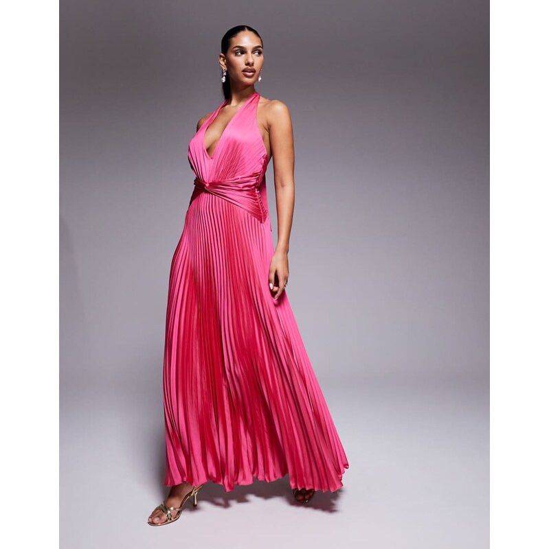 Forever New satin plunge halter neck maxi dress in fuchsia pink 115518594