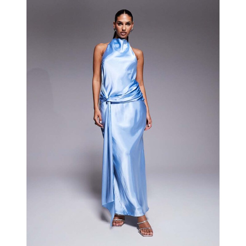 Forever New satin halter neck knot front maxi dress in blue 115518601