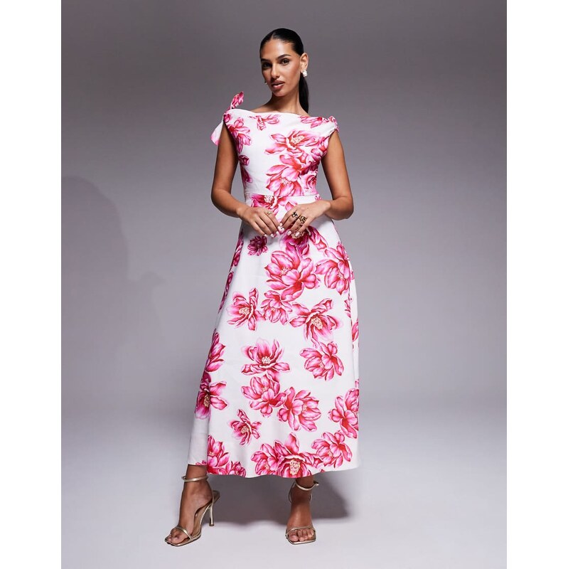 Forever New slash neck bow shoulder midaxi dress in pink floral 114263579