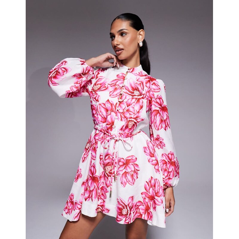 Forever New button front tie waist mini dress in pink floral 115518595