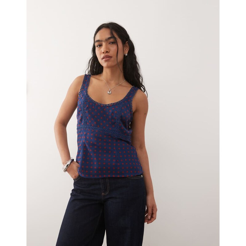 Reclaimed Vintage cami tea top with lace trims in navy and red