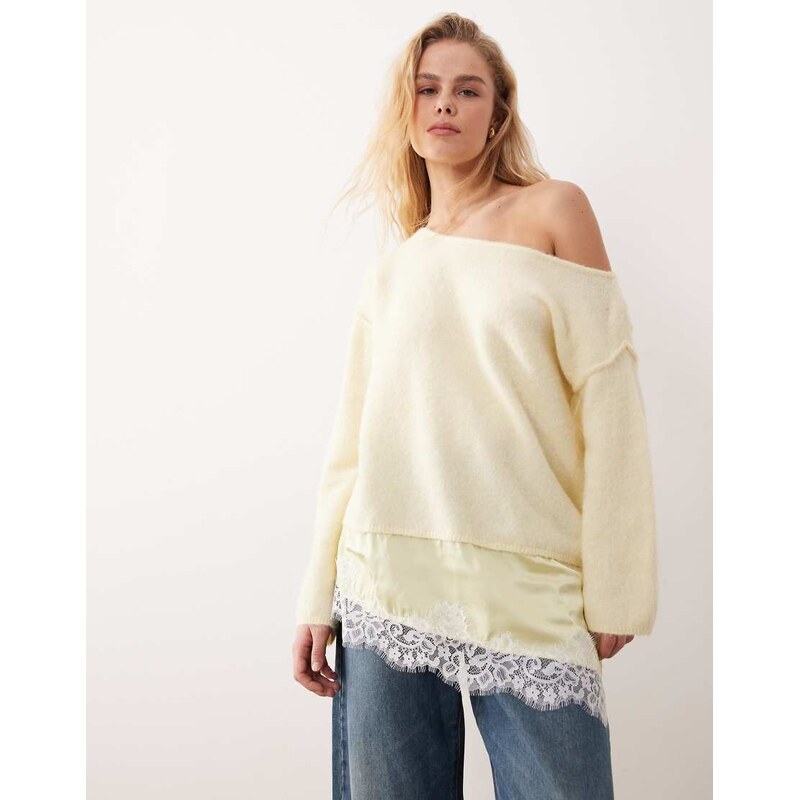 Miss Selfridge fluffy asym jumper with contrast satin lace hem in pale 115519133