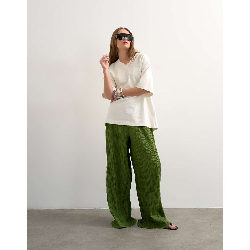 Topshop plisse wide leg trouser in green
