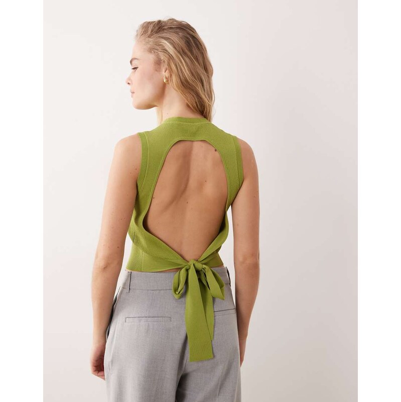 Miss Selfridge rib knit open back sleeveless top in khaki-Green 114263596