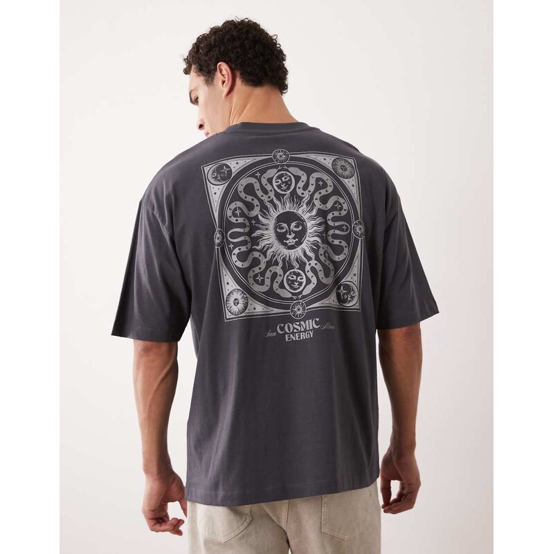 ASOS DESIGN oversized t-shirt with celestial graphic in charcoal
