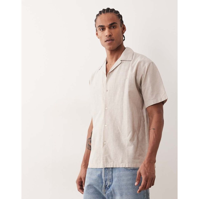 Jack & Jones short sleeve linen blend shirt in beige-Neutral