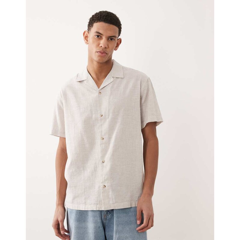 Jack & Jones short sleeve linen blend stripe shirt in beige