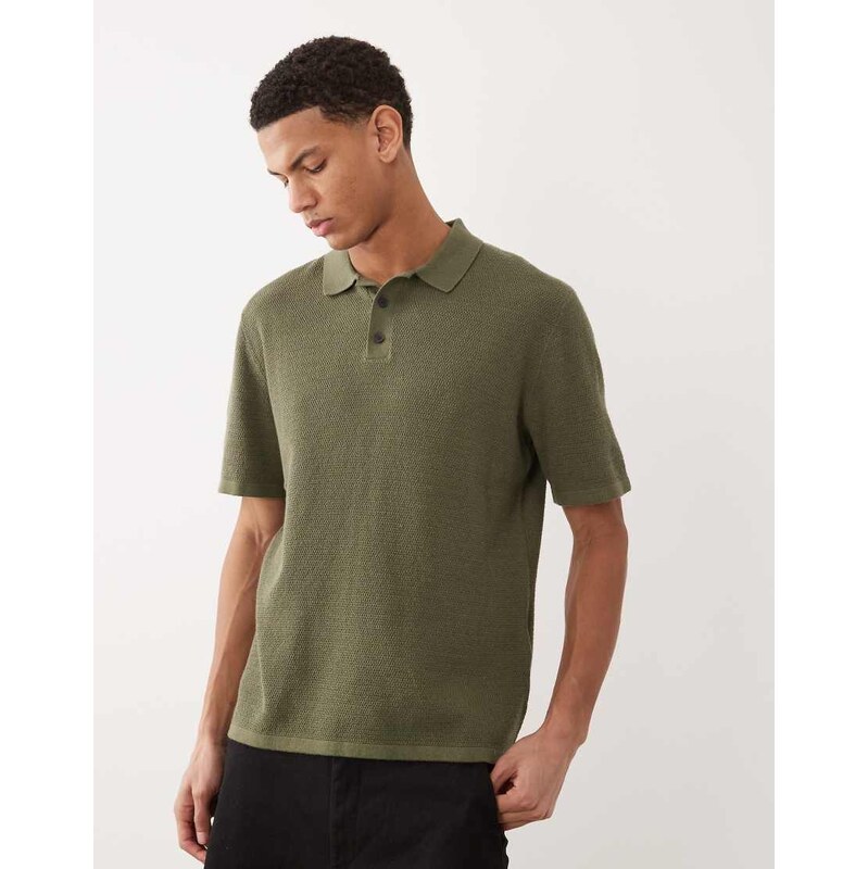 Jack & Jones knitted polo with short sleeves in khaki-Green