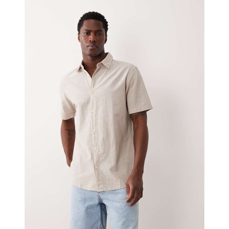 Jack & Jones short sleeve linen blend shirt in beige-Neutral