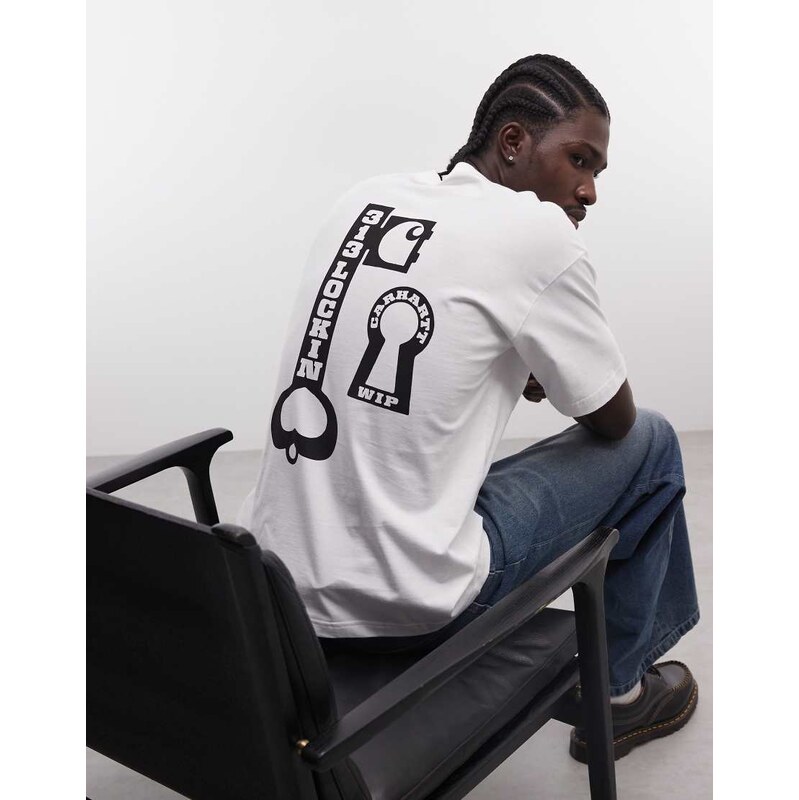 Carhartt WIP vestige lock back print t-shirt in white-Blue