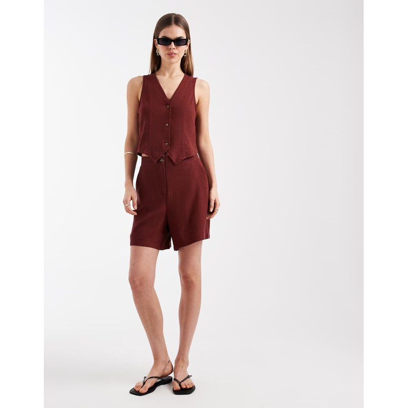 Vero Moda linen touch tailored shorts co-ord in burgundy