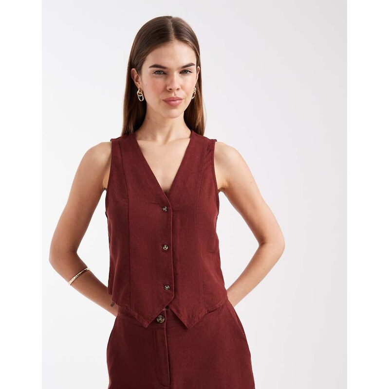 Vero Moda linen touch tailored waistcoat co-ord in burgundy 115521408