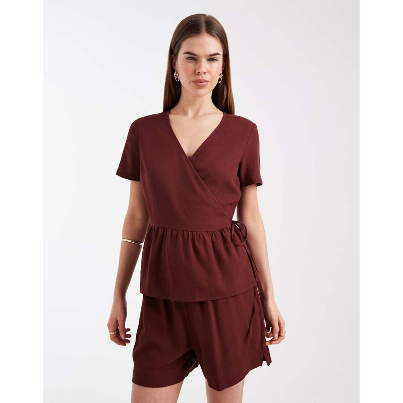 Vero Moda linen touch short sleeve wrap top co-ord in burgundy-Red 114281569