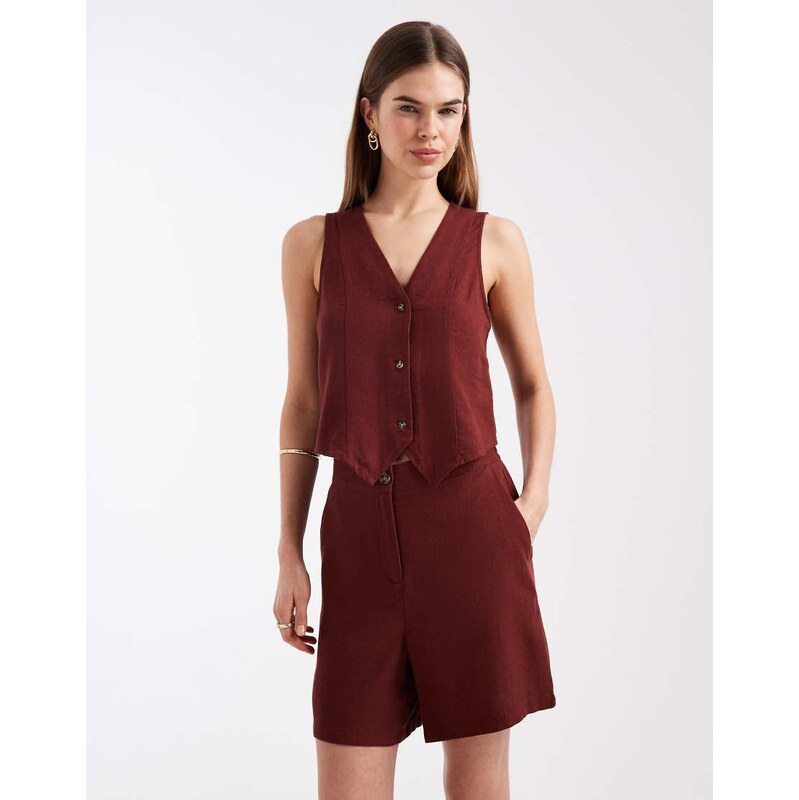 Vero Moda linen touch tailored shorts co-ord in burgundy