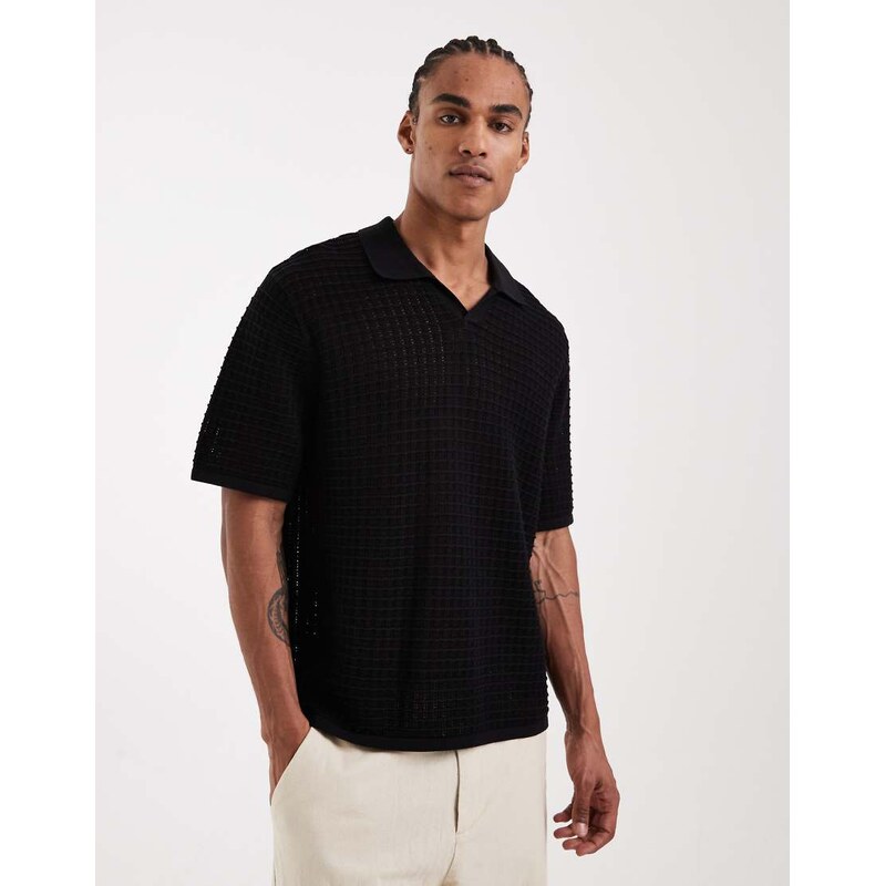Jack & Jones split neck knitted polo in black