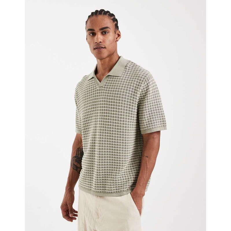 Jack & Jones split neck knitted polo in sage green stripe
