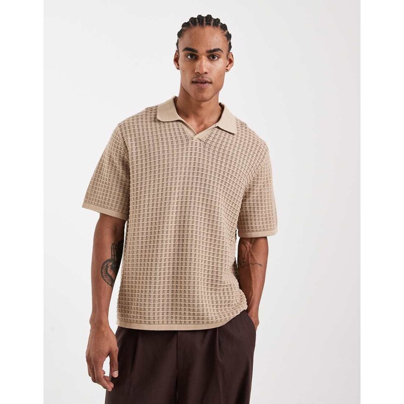 Jack & Jones split neck knitted polo in beige-Neutral