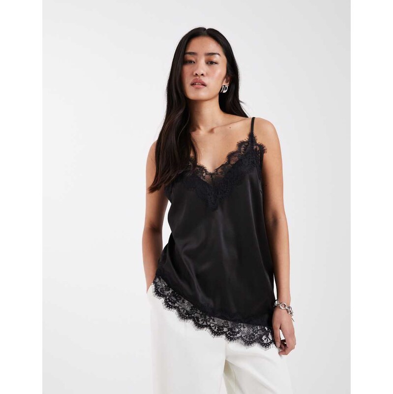 Pieces asymmetric lace trim satin cami top in black