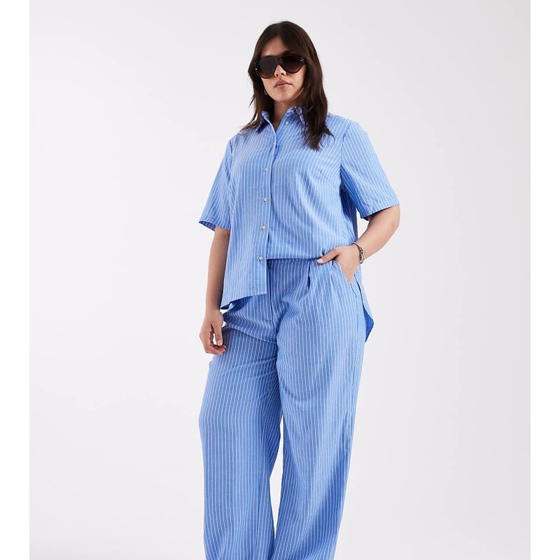 ONLY Curve stright leg trousers co-ord in blue pinstripes