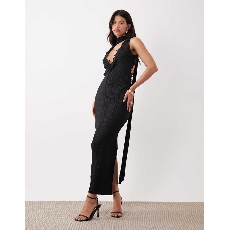 ASOS DESIGN plisse plunge neck midi dress with scarf detail and