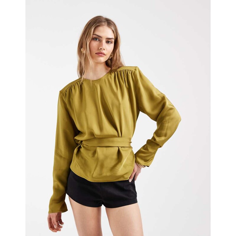 & Other Stories long sleeve shirt blouse with back tie in green