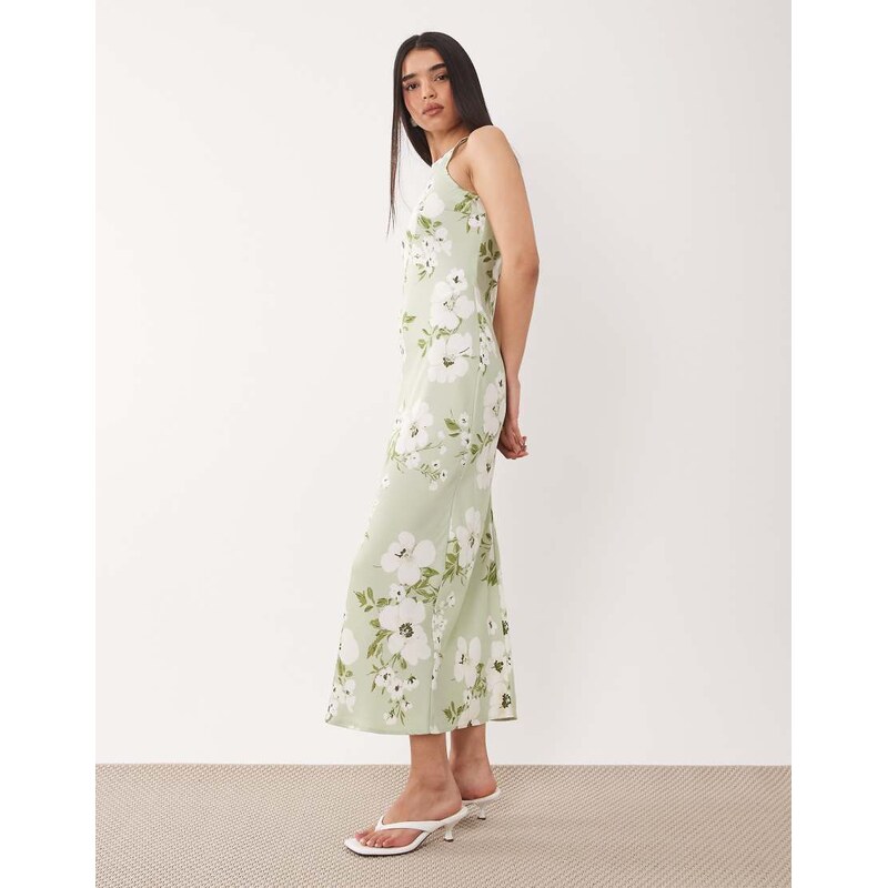 Vila racer satin midi dress in pale green floral print