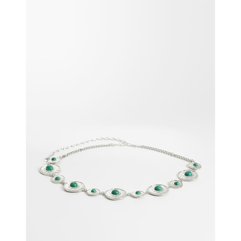 ASOS DESIGN waist and hip green stone set chain belt in silver 114263715