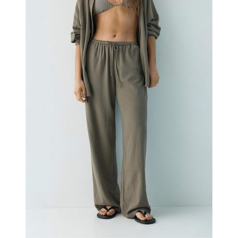Pull&Bear linen blend trousers in mole brown 114263769