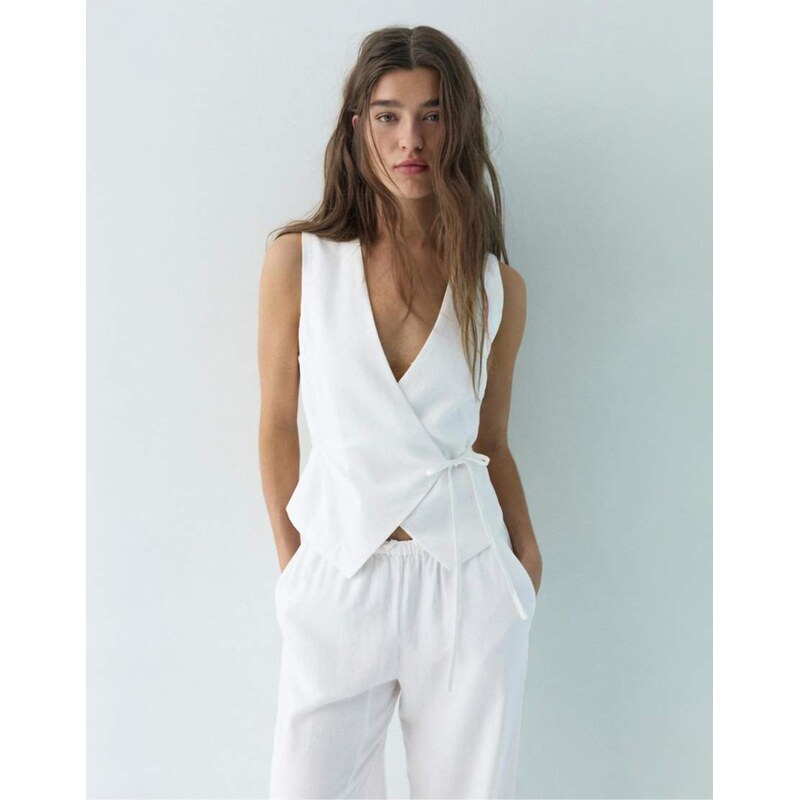 Pull&Bear linen blend vest with side tie fastening in white