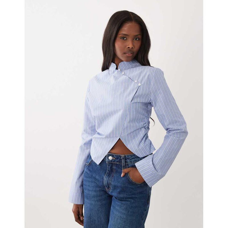 ASOS DESIGN mandarin collar cinch fitted shirt in blue stripe