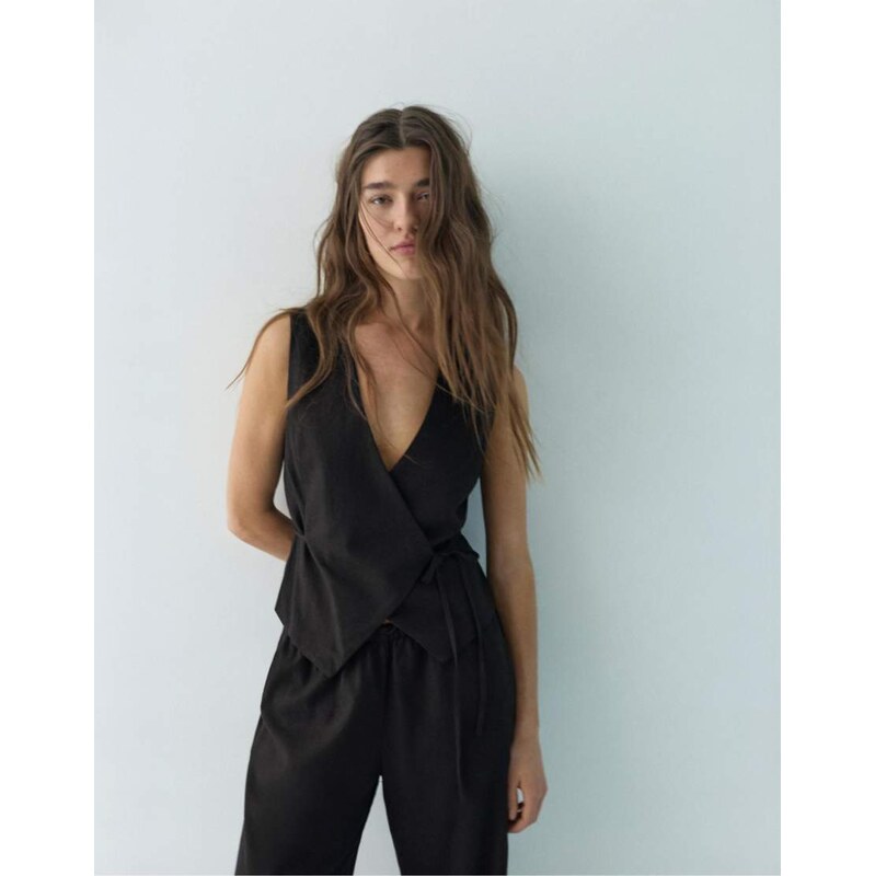Pull&Bear linen blend vest with side tie fastening in black