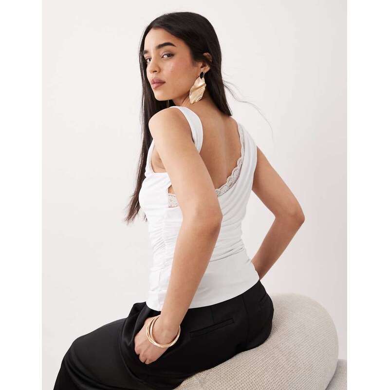 ASOS DESIGN soft touch cowl back tank with lace trim detail in white