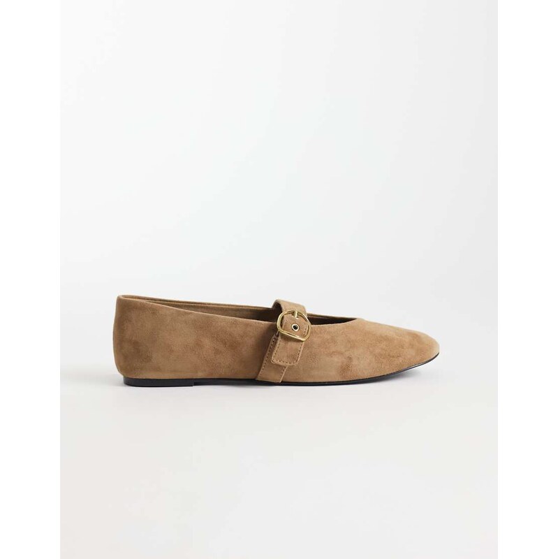 Mango 100% suede buckle detail flat shoes in beige-Neutral