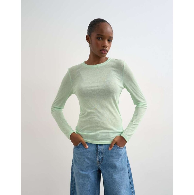 Topshop premium sheer rib scoop neck long sleeve top in mint