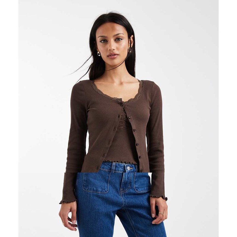 Brave Soul fine knit cami and cardigan set with lace detail in
